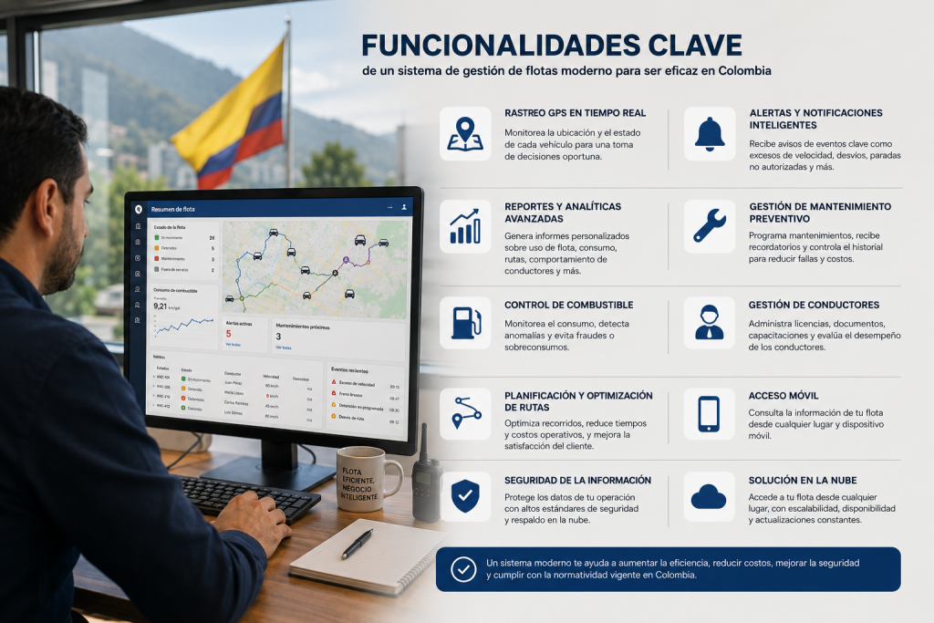 Que funcionalidades debe tener un sistema de gestión de flotas moderno para ser eficaz en Colombia