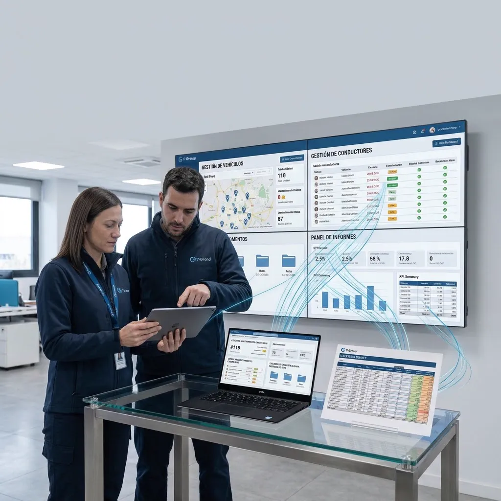 Equipo consultando en una tableta el software de gestión de flotas con la información centralizada